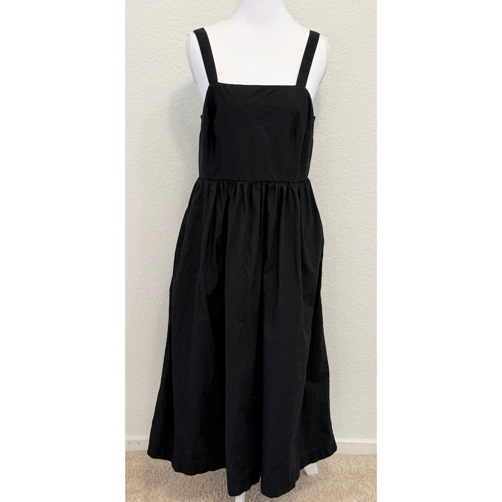 A New Day Womens Black Cotton Poplin Smocked Back Midi Dress with Pockets Size M